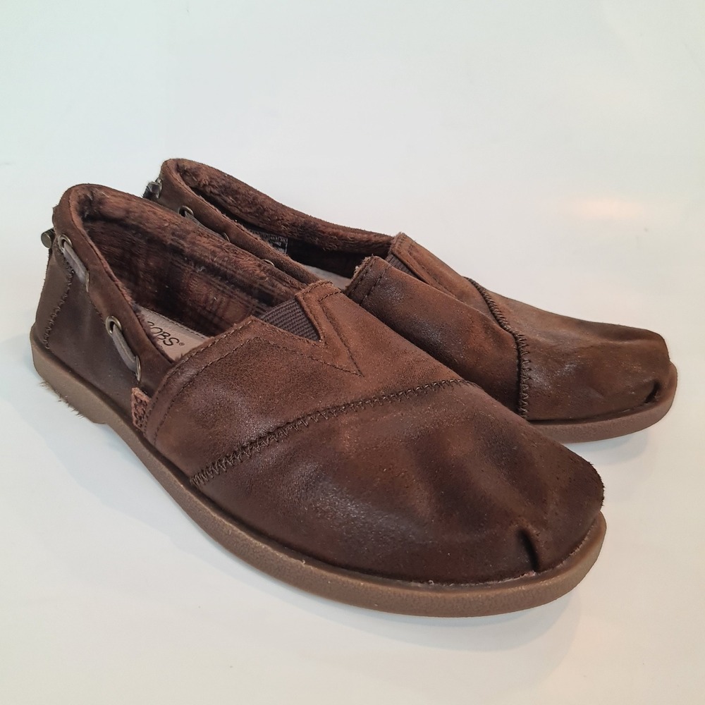 Skechers Bobs Chill Luxe Womens 6.5 Brown Faux Leather Fur Lined Slip On Loafers